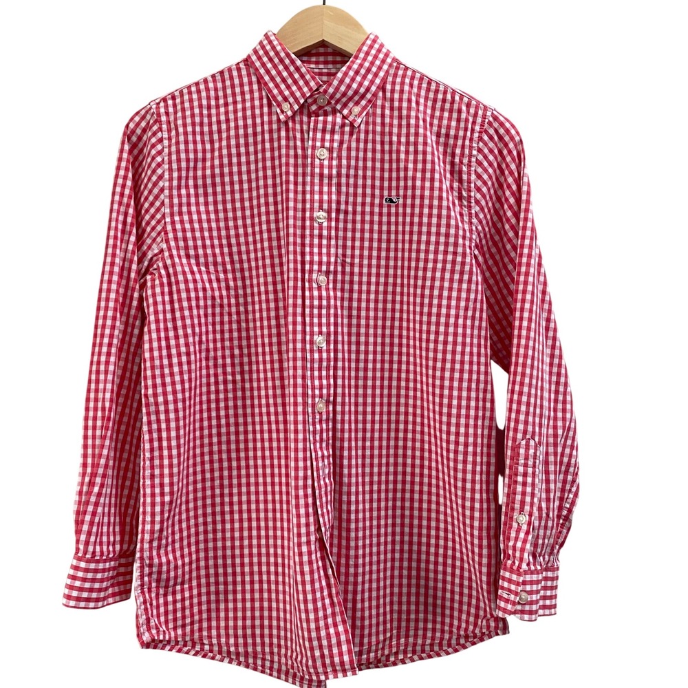 Vineyard Vines Boy's Pink Gingham Whale Shirt Cotton Button Down Large 16